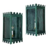 Pair of Artistic Vintage Patinated Metal Wall Lantern Sconces For Sale