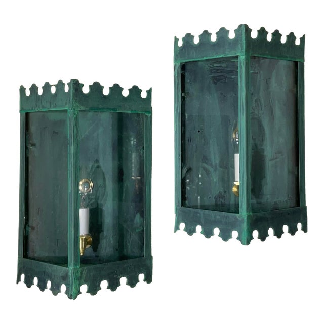 Pair of Artistic Vintage Patinated Metal Wall Lantern Sconces For Sale
