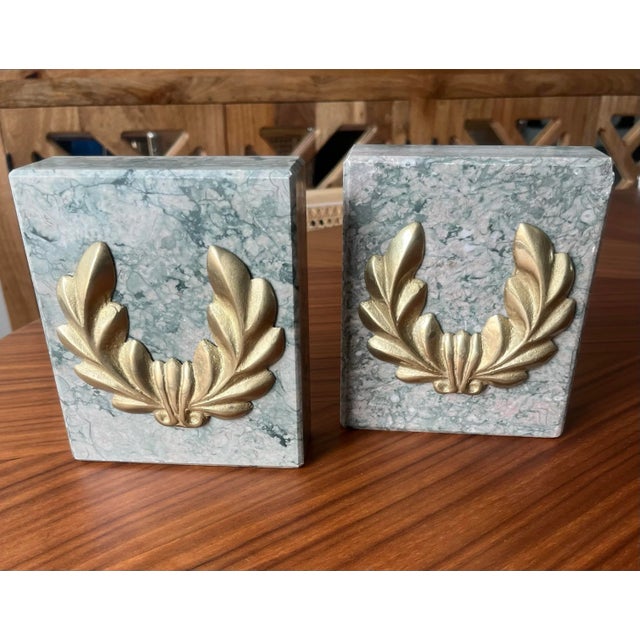 Mid-Century Modern Mid 20th Century Marble Bookends With Gilt Bronze Laurel Wreath Accents-Set of 2 For Sale - Image 3 of 8