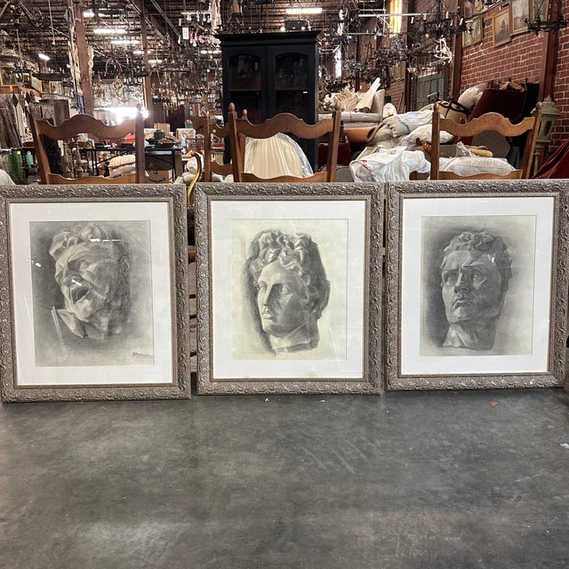 Set of Three Charcoal Portraits From the Mid 20th Century, Europe For Sale - Image 11 of 12