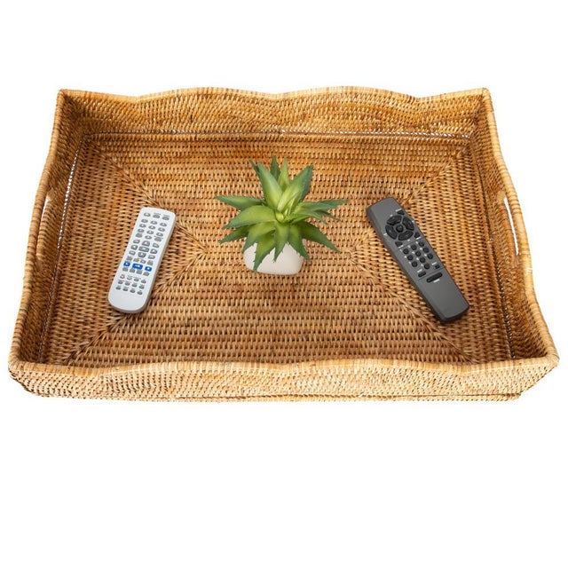 Boho Chic Artifacts Rattan Scallop Collection Rectangular Tray in Honey Brown - 22" For Sale - Image 3 of 6