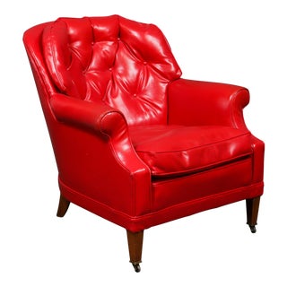 Traditional Tufted Red Vinyl Club Chair For Sale