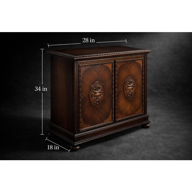 Hollywood Regency Pair of Vintage Baker Mahogany Cabinets – Neoclassical Sideboard & Entry Console With Carved Urn Motifs For Sale - Image 3 of 12