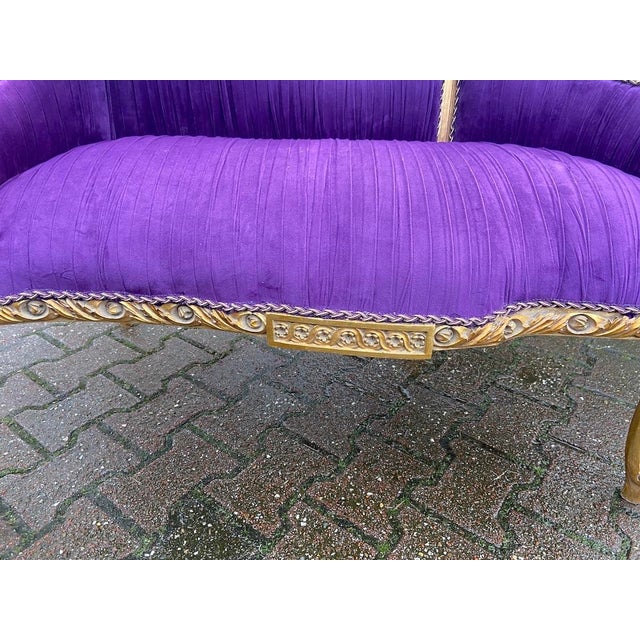 Late 20th C French Louis XVI Gold Beech Purple Velvet Settee For Sale - Image 6 of 12