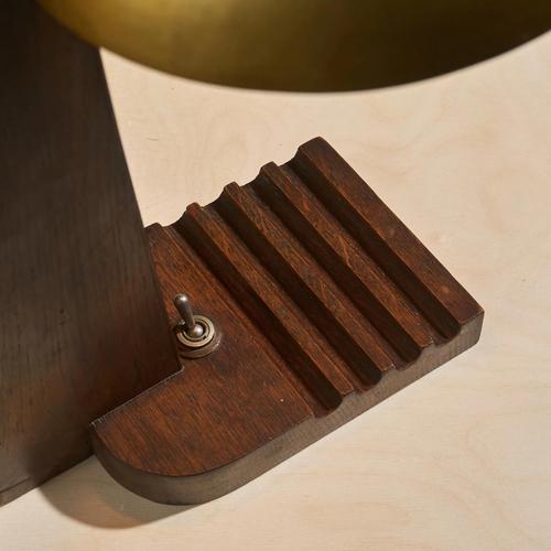 Modernist Table Lamp with Oak Base and Brass Shade, France For Sale - Image 6 of 9