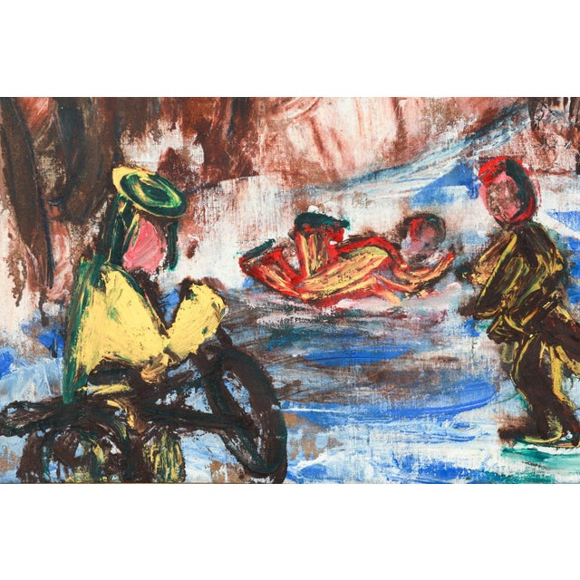 Danish Impressionist mid-century oil on canvas painting. Signed indistinctly in lower right corner. Features ice skaters...