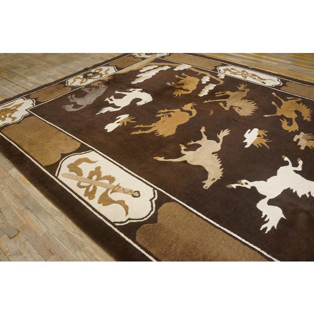 Elegant Brown Color With Expressionist Design Horses Chinese Antique Pictorial Rug For Sale - Image 4 of 9