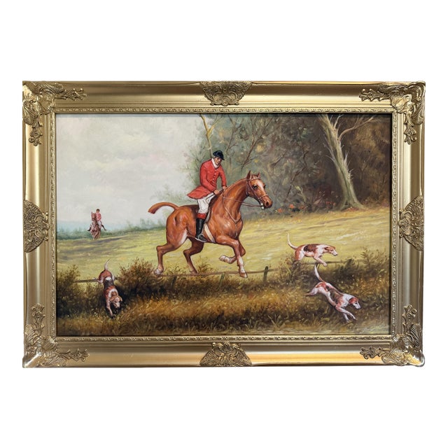 English Fox Hunting Scene Oil Painting on Canvas, Horses & Hounds, Gilt Frame For Sale
