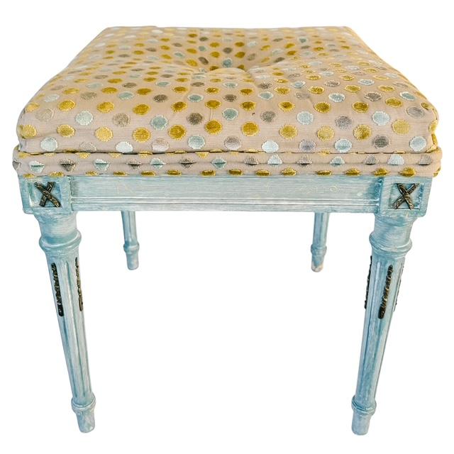 Mid 20th Century French Louis XVI Style Blue Painted Footstools With Brass Accents & Polka Dot Cut Velvet - A Pair For Sale - Image 11 of 18