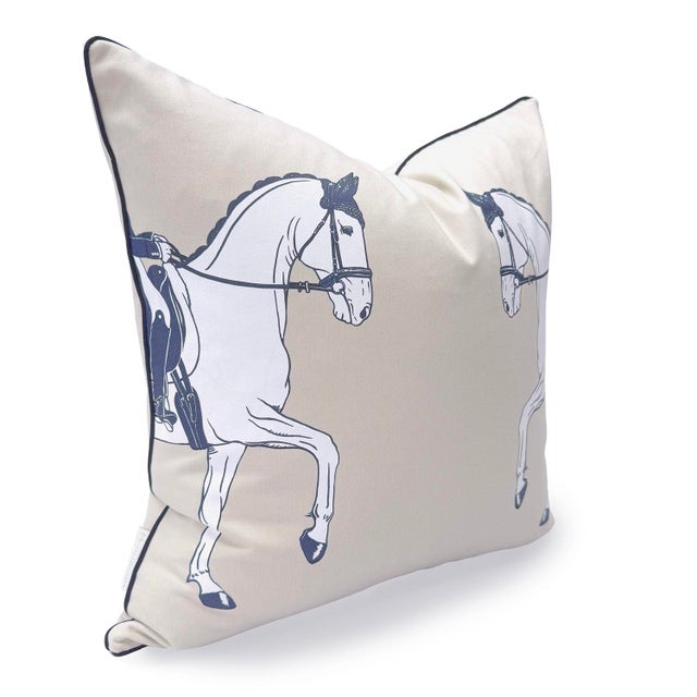 Marching Horses 20" Throw Pillow, Cream With Navy Trim For Sale - Image 4 of 5