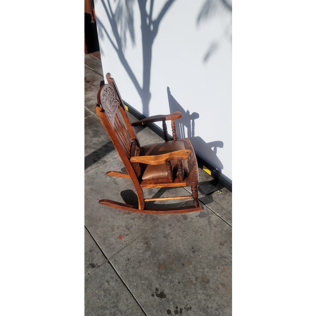 Victorian Antique 1880s Carved Oak Childs Rocker For Sale - Image 3 of 5