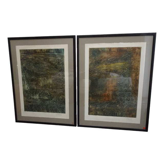 Compositions, 1970s, Large Aquatint Etchings, Framed, Set of 2 For Sale