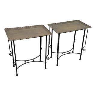 Egyptian Vintage Brass Tray + Wrought Iron Side Tables, Pair For Sale
