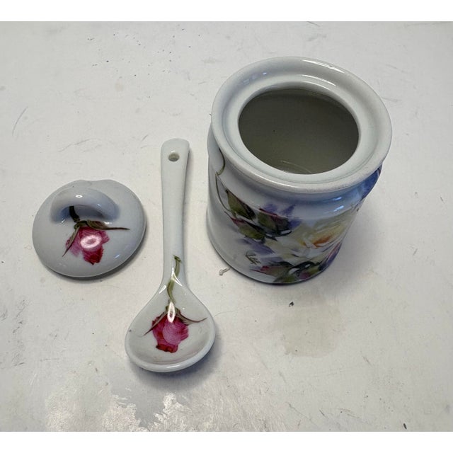 Mid 20th Century Mid 20th Century Floral Porcelain Jam Pot With Matching Spoon For Sale - Image 5 of 9