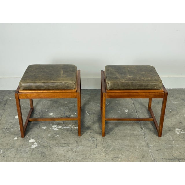 1960s Pair Erik Buch Stools - Teak + Leather - Danish Modern Flip Top Table Stool For Sale - Image 11 of 11