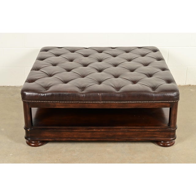 English Bernhardt Tufted Leather Chesterfield Cocktail Ottoman For Sale - Image 3 of 11