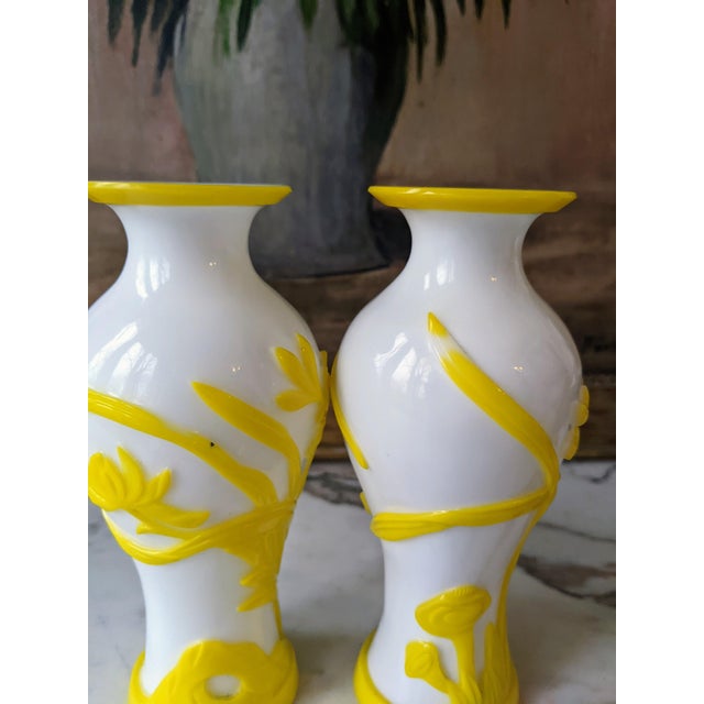 Glass Pair of Late 19th-Century Victorian White & Yellow Overlay Art Glass Vases For Sale - Image 7 of 8