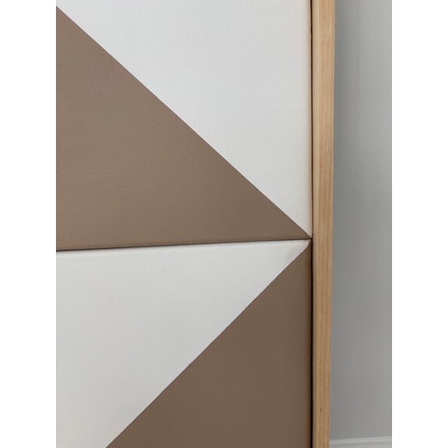 Taupe Abstract Contemporary Op Art Geometric Hard Edge Triptych Painting, Wood Framed, Signed Lee Fine For Sale - Image 8 of 10