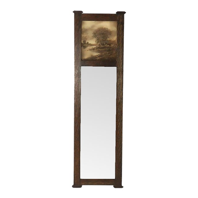 43" Stickley Style Arts & Crafts Oak Trumeau Printed Landscape Wall Mirror C1920 For Sale