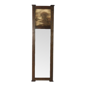 43" Stickley Style Arts & Crafts Oak Trumeau Printed Landscape Wall Mirror C1920