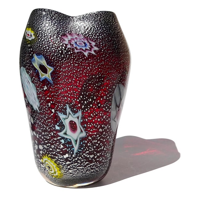 Mid-Century Modern Vintage Murano AVeM Red Millefiori Flowers Murrine Silver Flecks Italian Art Glass Pinched Rim Flower Vase For Sale - Image 3 of 12
