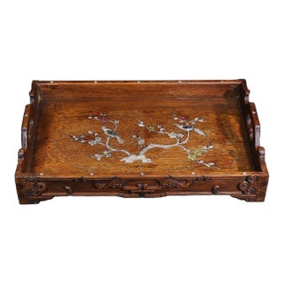 Vintage Chinese Huali Rosewood Mother-of-Pearl Inlaid "Magpie & Plum" Tea Tray For Sale