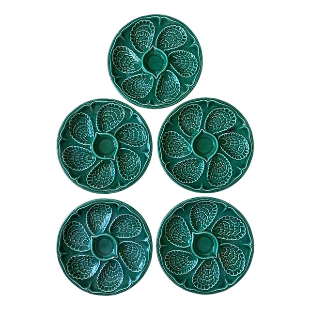 French Green Oyster Plates, S/5 For Sale