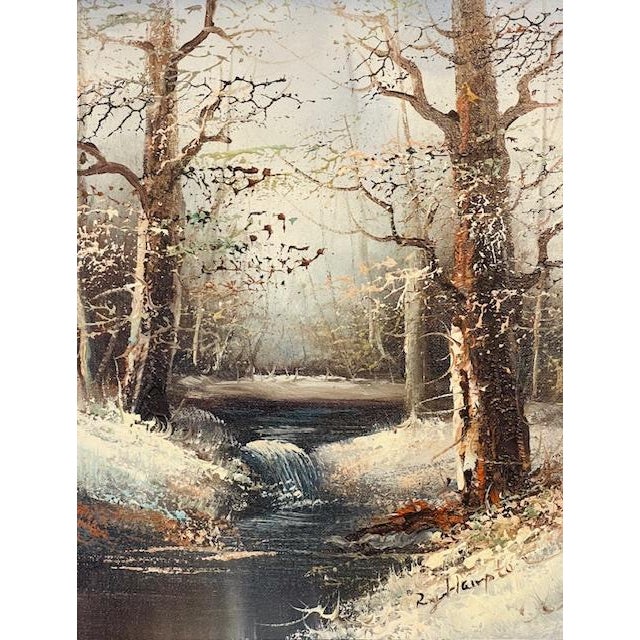Serene and lovely vintage original oil on canvas winter scene. Signed by artist on right bottom (signature difficult to...