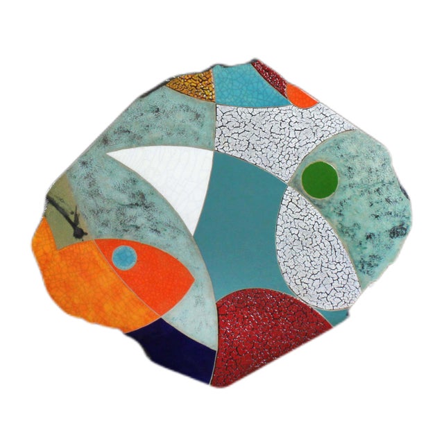 Contemporary "Delightful Day" by Michael Gustavson, Raku Ceramic Triptych Wall Sculpture, Vivid Teal Orange and Navy Glaze, Contemporary California Art For Sale - Image 3 of 7