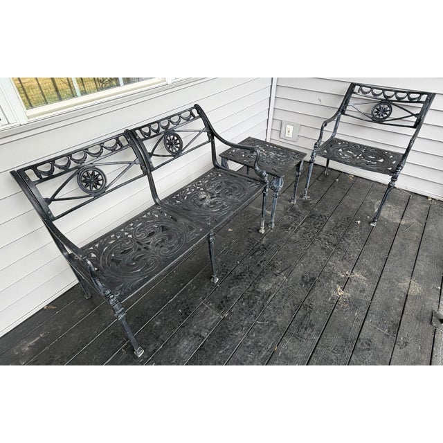 Neoclassical Vintage Star and Dolphin Double Settee Arm Chair Table With Filigree a Set of 3 For Sale - Image 3 of 12