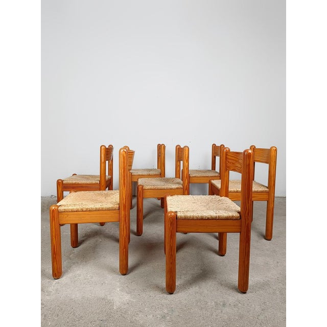 Oak and Rush Chairs in the style of Charlotte Perriand, 1960s, Set of 7 For Sale - Image 6 of 18