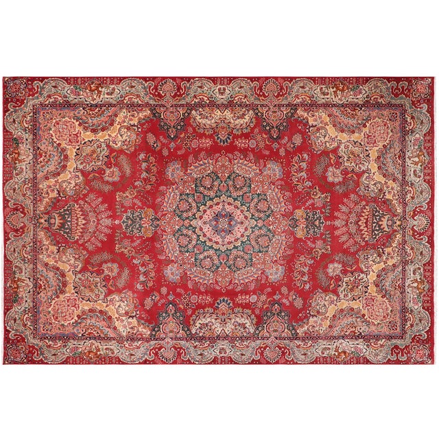 Shabby Chic Tabriz Red/Green Wool Rug - 9'6'' X 13'3'' For Sale - Image 10 of 10