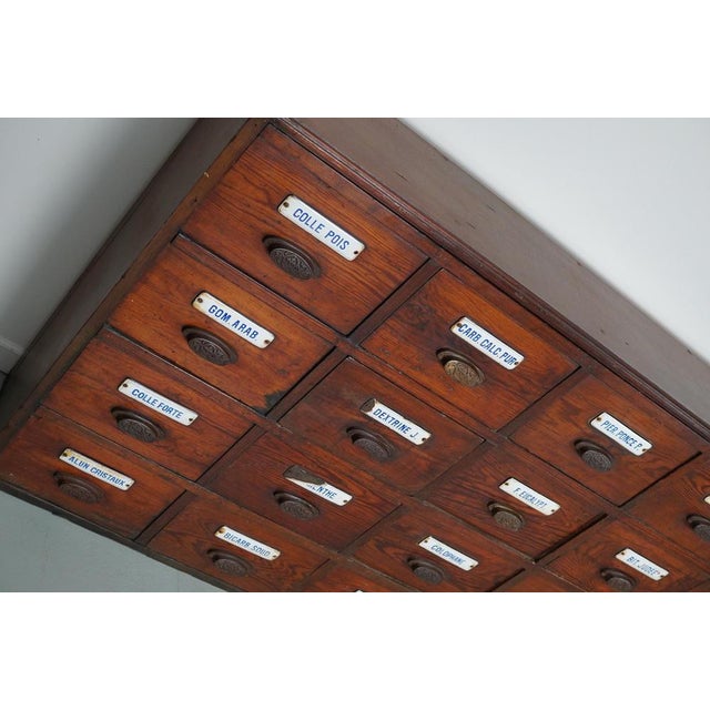 Large Belgian Pitch Pine Apothecary Cabinet with Enamel Shields, 1900s For Sale - Image 15 of 18