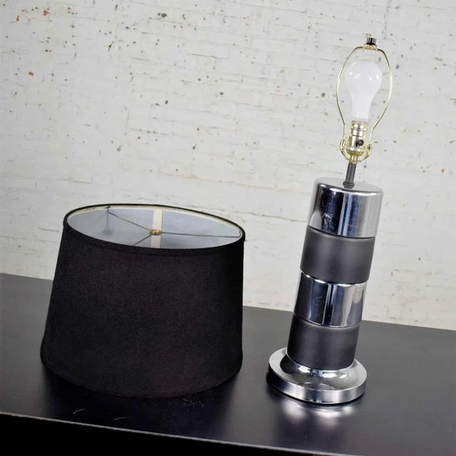 Mid 20th Century Mid 20th Century Art Deco Style Chrome and Black Horizontal Stripe Cylindrical Table Lamp Black Shade For Sale - Image 5 of 13