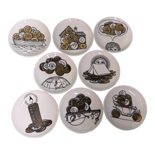 Piero Fornasetti Porcelain Coasters, Set of Eight - Commissioned by Bianca Unione Milan 1970 For Sale