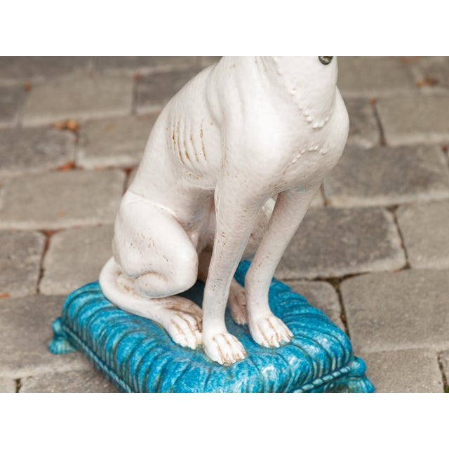 Vintage Italian Midcentury Porcelain Greyhound Dog Sitting on Blue Cushion For Sale - Image 10 of 11