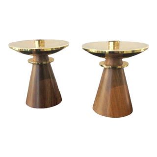 1960s Swiss Brass and Walnut Candlesticks - A Pair For Sale