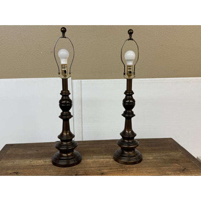 Traditional Turned Dark Bronzed Table Lamps, Pair For Sale - Image 12 of 12