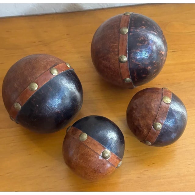 Late 20th Century Brass Studded Leather Clad Wood Decorative Balls Spheres Orbs- Set of 4 For Sale - Image 10 of 11