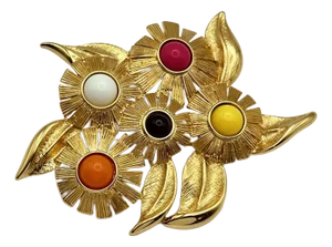 Monet Flower Brooch, Colorful Mogul Cabochon, Gold Tone, 3” Signed C. 1980s