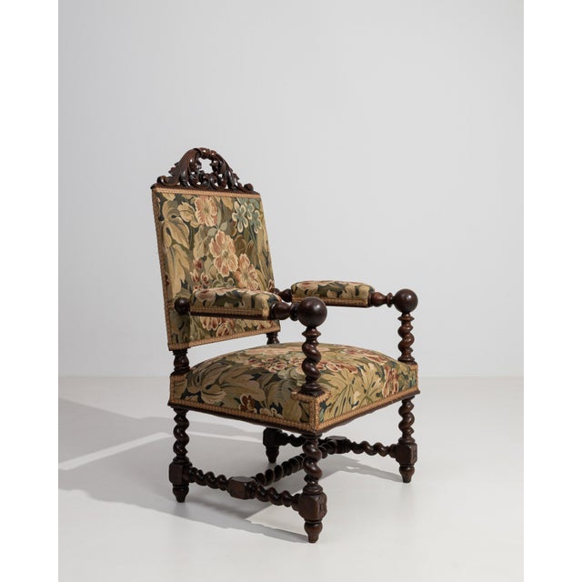 Wood Jacobean Oak Upholstered Armchair with Floral Carving, Antique, France, Circa 1880 For Sale - Image 7 of 13