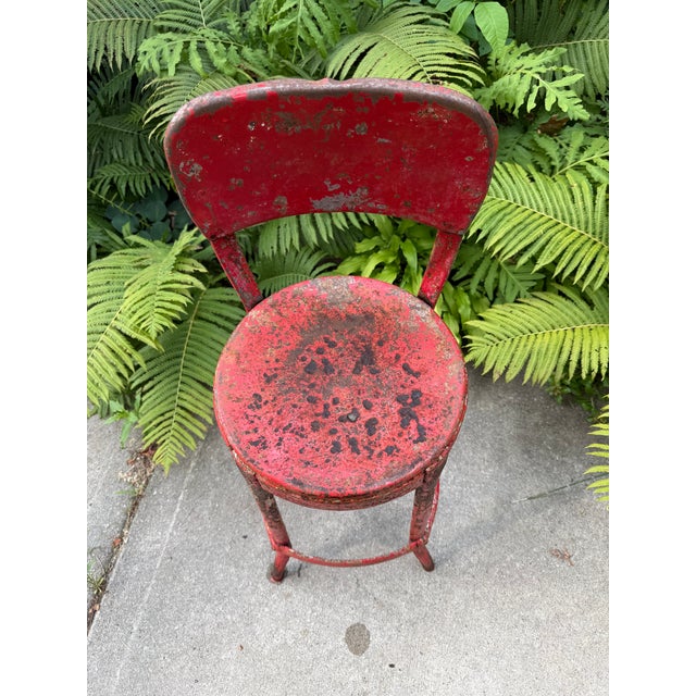 Farmhouse 1940s Vintage Industrial Distressed Red Metal Machinist Counter Stool For Sale - Image 3 of 10