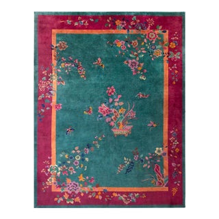 1920s Green Floral Antique Chinese Art Deco Rug 9' X 11'8" Handknotted Wool Carpet For Sale