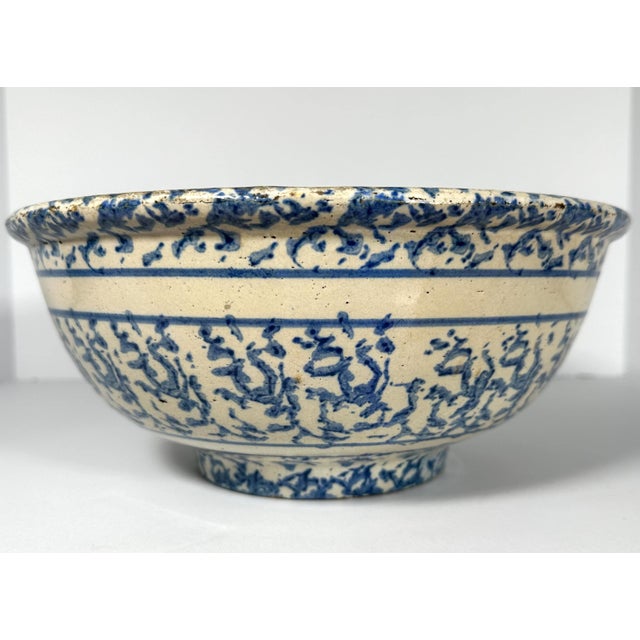Antique Stoneware Blue & White Banded Spongeware Mixing Bowl for your consideration. The bowl is a nice large size,...