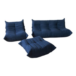 Blue Microfiber Togo Lounge Chair with Pouf and Three-Seat Sofa by Michel Ducaroy for Ligne Roset, 1970, Set of 3 For Sale