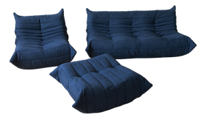 Blue Microfiber Togo Lounge Chair with Pouf and Three-Seat Sofa by Michel Ducaroy for Ligne Roset, 1970, Set of 3