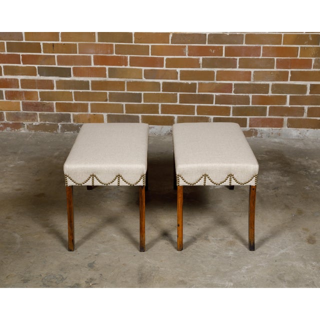 English 19th Century Pair of English Regency Mahogany Stools with Saber Legs and Custom Upholstery For Sale - Image 3 of 11