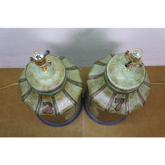 Late 20th Century Chinese Chinoiserie Green Gilt Toleware Tea Canister Caddy Banquet Lamps - a Pair For Sale - Image 9 of 18
