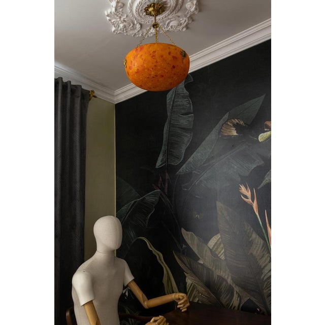 Gold French Art Deco Mottled Orange Glass & Brass Pendant Light, 1930s For Sale - Image 8 of 18