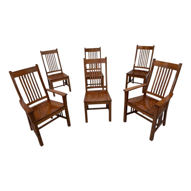 Vintage Stickley Style Mission Oak Dining Chairs - Set of 6 For Sale